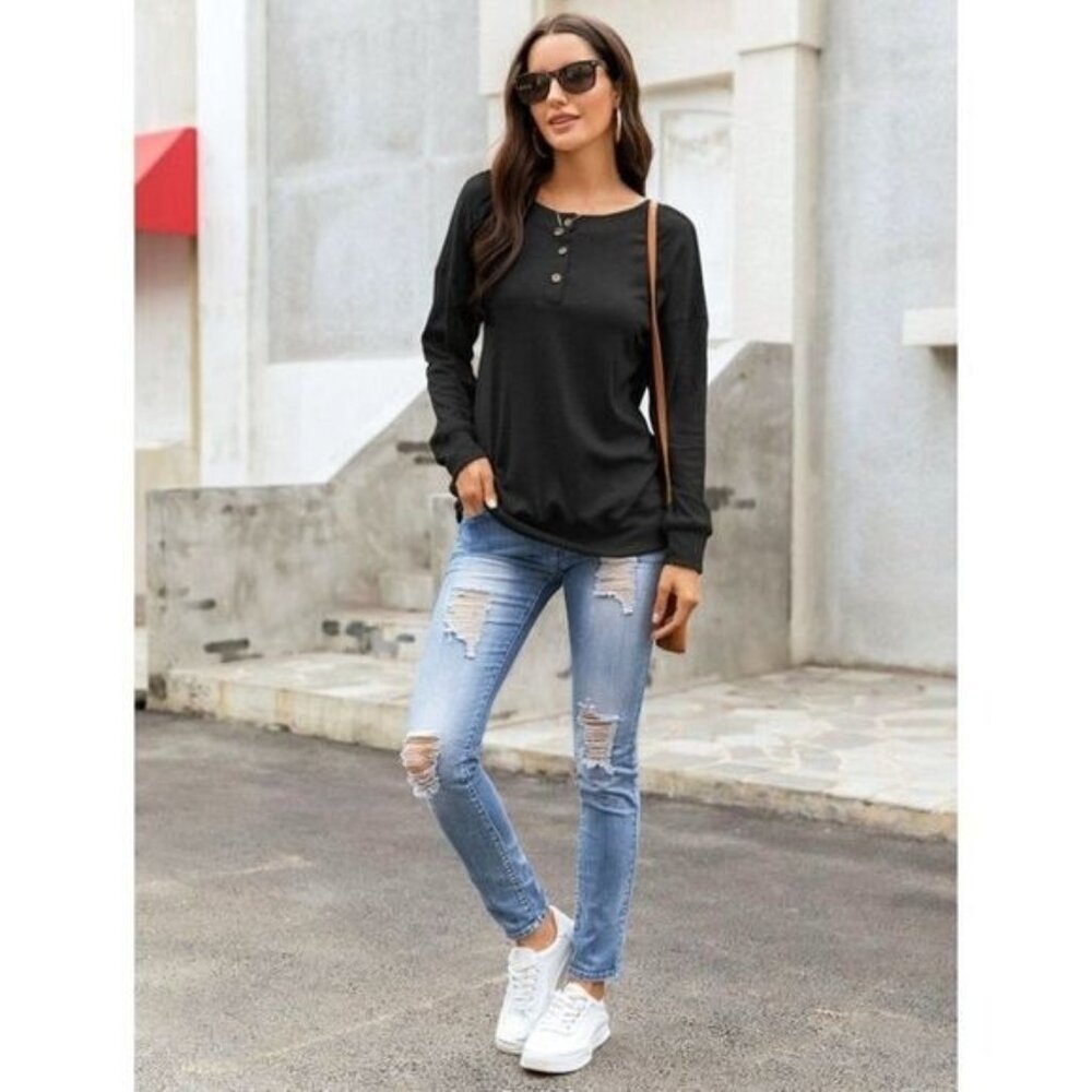 Womens V Neck Henley Shirts Long Sleeve Sweatshirts‎ Causal Pullover Button